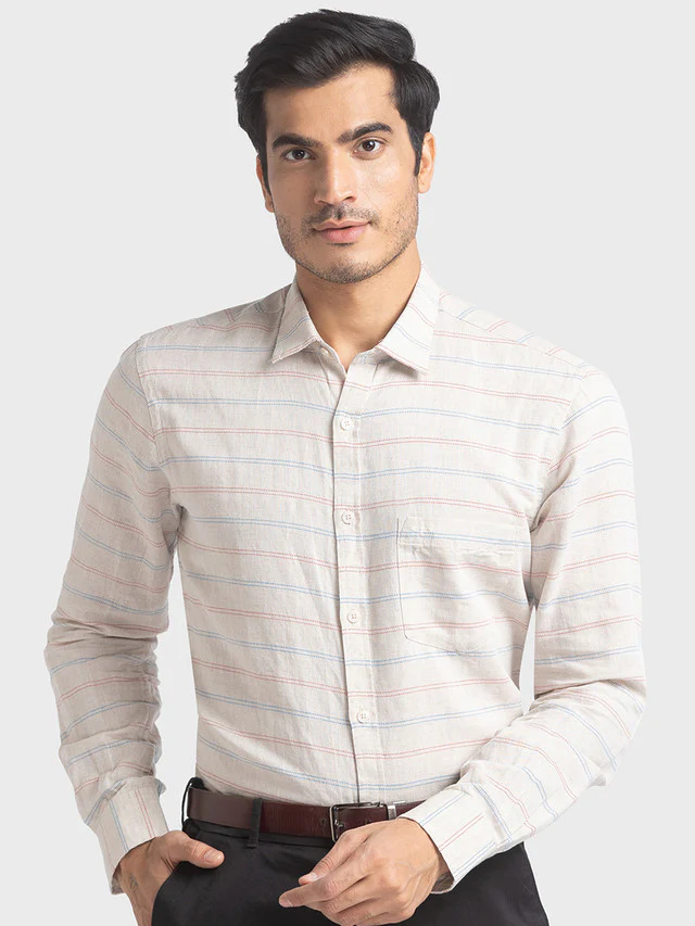 Colorplus Brown Barre Tailored Fit Linen Blend Casual Shirt