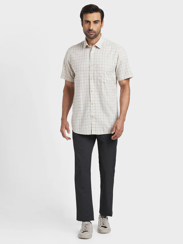 Colorplus Brown Checks Tailored Fit Half Sleeve Linen Blend Shirt - Image 5