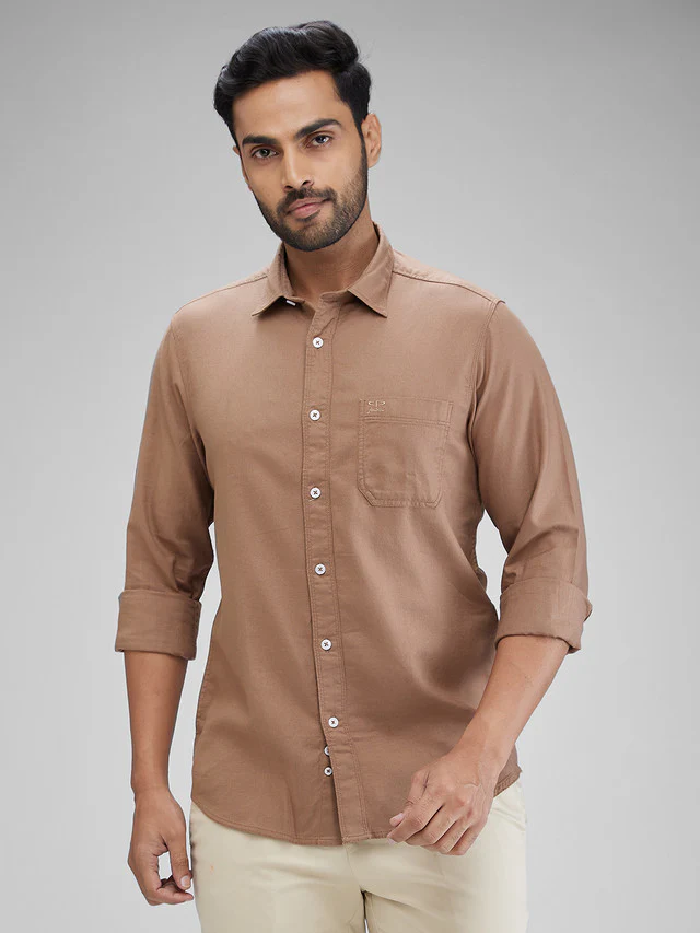 Colorplus Brown Solid Piece Dyed Slim Fit Full Sleeve Cotton Shirt