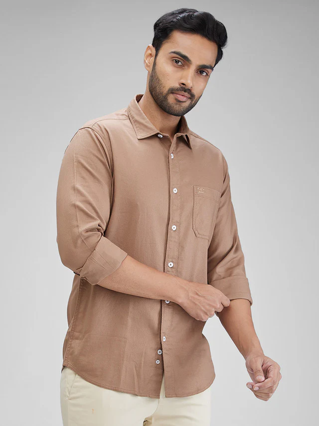 Colorplus Brown Solid Piece Dyed Slim Fit Full Sleeve Cotton Shirt - Image 2