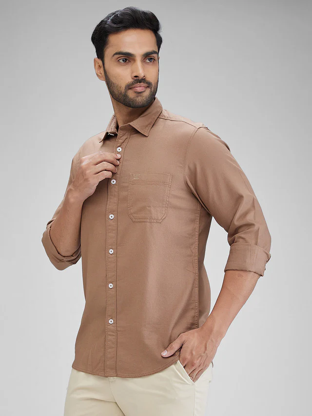 Colorplus Brown Solid Piece Dyed Slim Fit Full Sleeve Cotton Shirt - Image 3