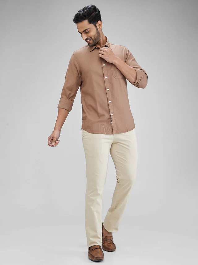 Colorplus Brown Solid Piece Dyed Slim Fit Full Sleeve Cotton Shirt - Image 5