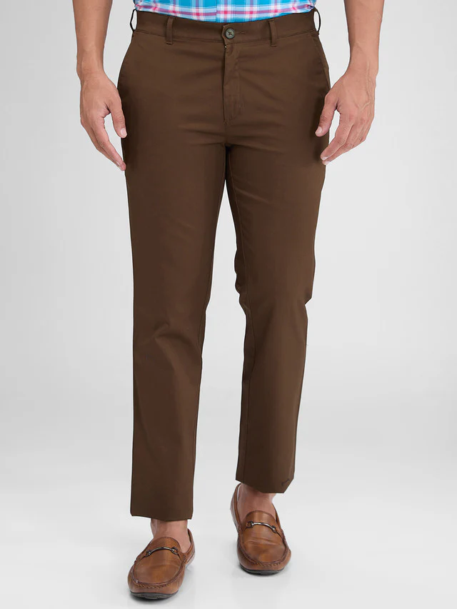 Colorplus Brown Solid Slim Fit Cotton Trouser