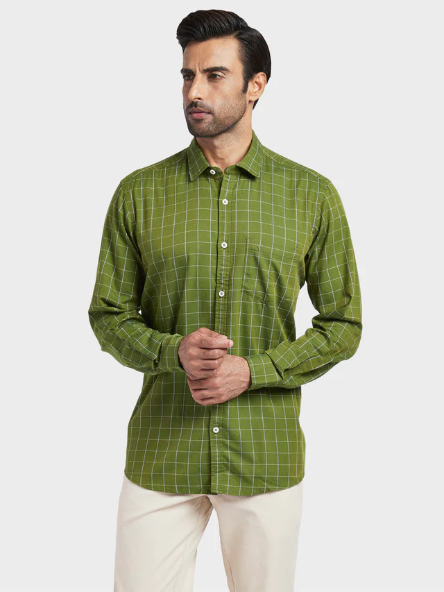Colorplus Green Checks Contemporary Fit Cotton Casual Shirt