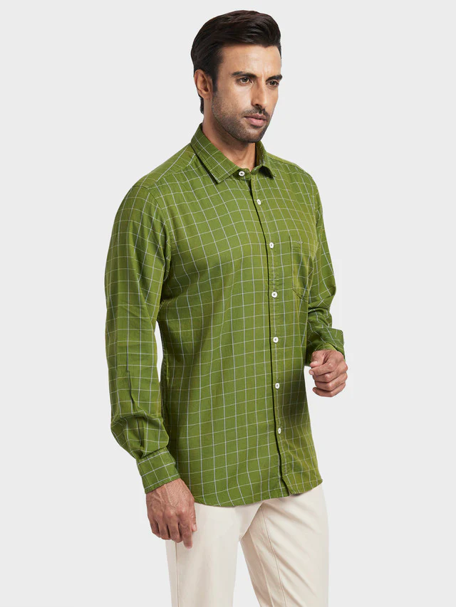 Colorplus Green Checks Contemporary Fit Cotton Casual Shirt - Image 2