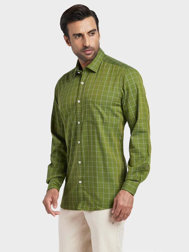 Colorplus Green Checks Contemporary Fit Cotton Casual Shirt - Image 3