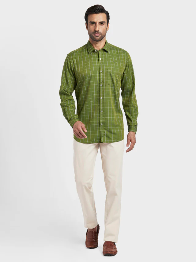 Colorplus Green Checks Contemporary Fit Cotton Casual Shirt - Image 5