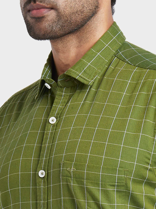 Colorplus Green Checks Contemporary Fit Cotton Casual Shirt - Image 6