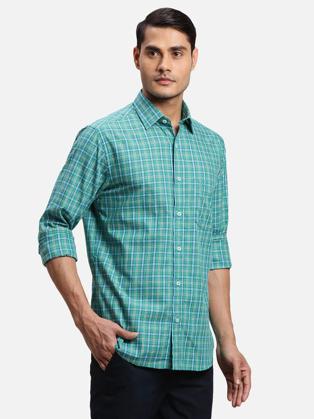 Colorplus Green Checks Regular Fit Cotton Casual Shirt - Image 2
