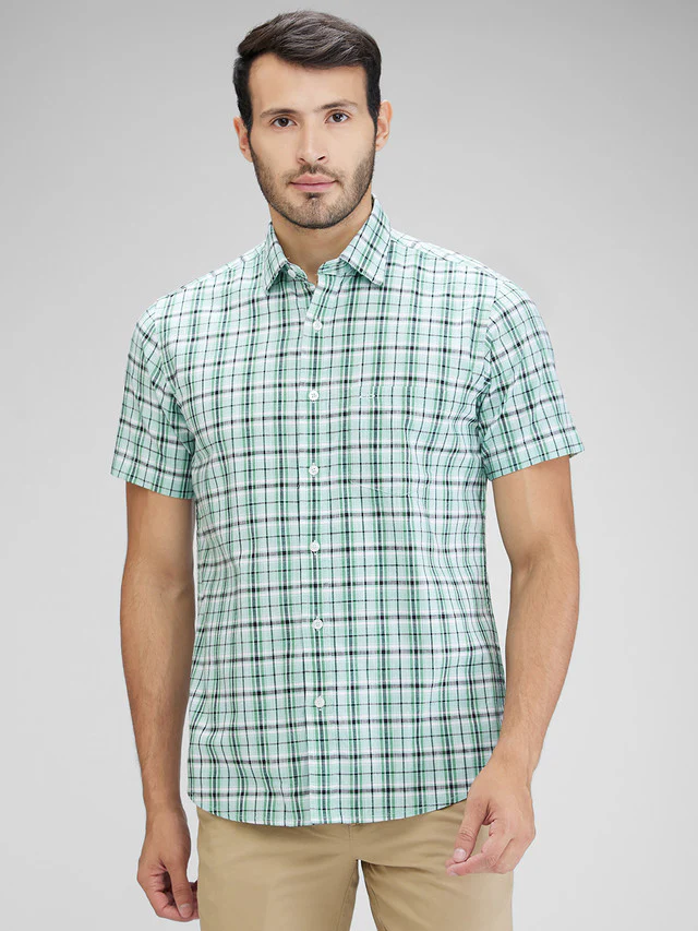 Colorplus Green Checks Regular Fit Cotton Casual Shirt