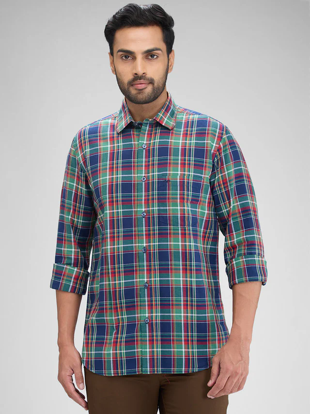 Colorplus Green Checks Regular Fit Full Sleeve Cotton Shirt