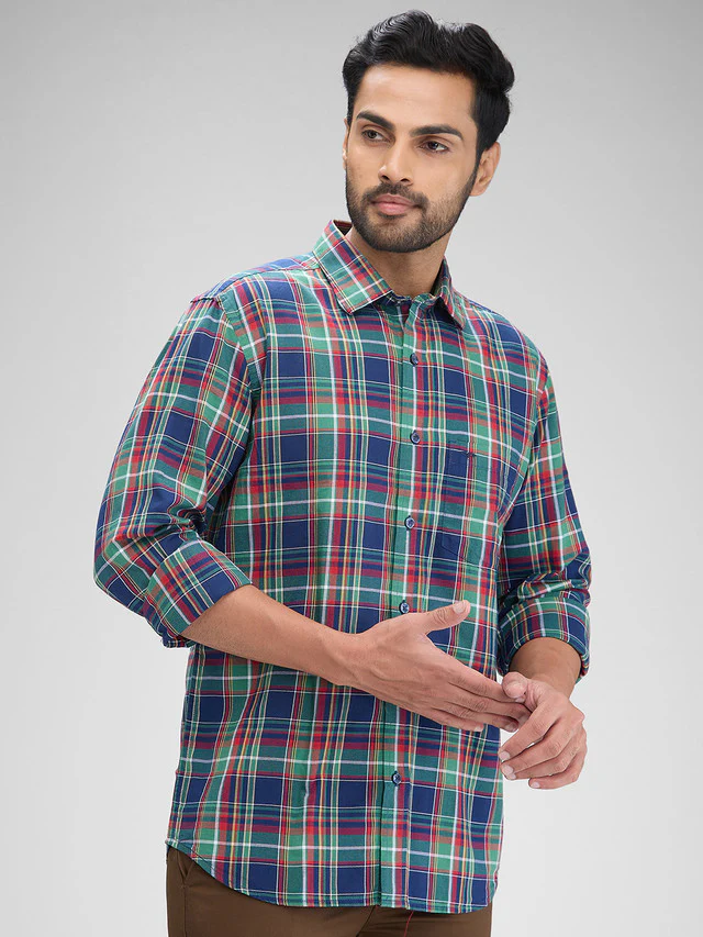 Colorplus Green Checks Regular Fit Full Sleeve Cotton Shirt - Image 2