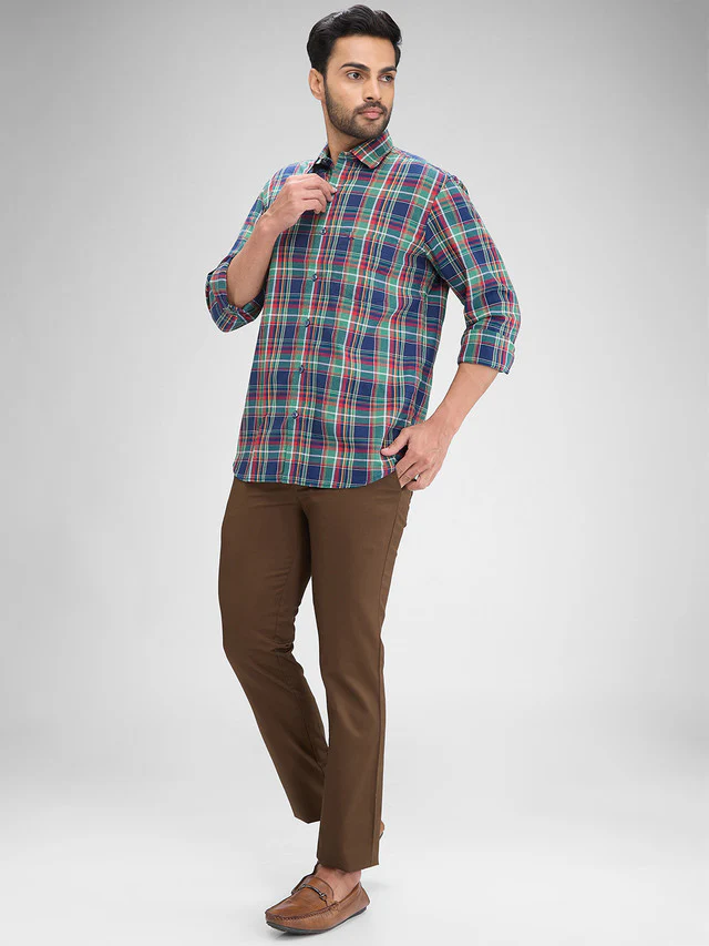 Colorplus Green Checks Regular Fit Full Sleeve Cotton Shirt - Image 5