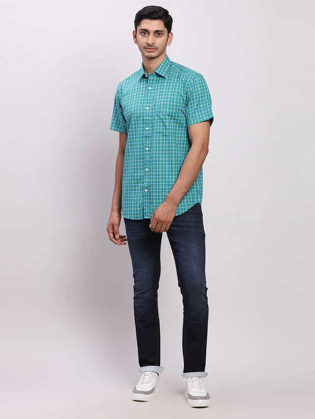 Colorplus Men Green Regular Fit Checks Casual Shirt - Image 3