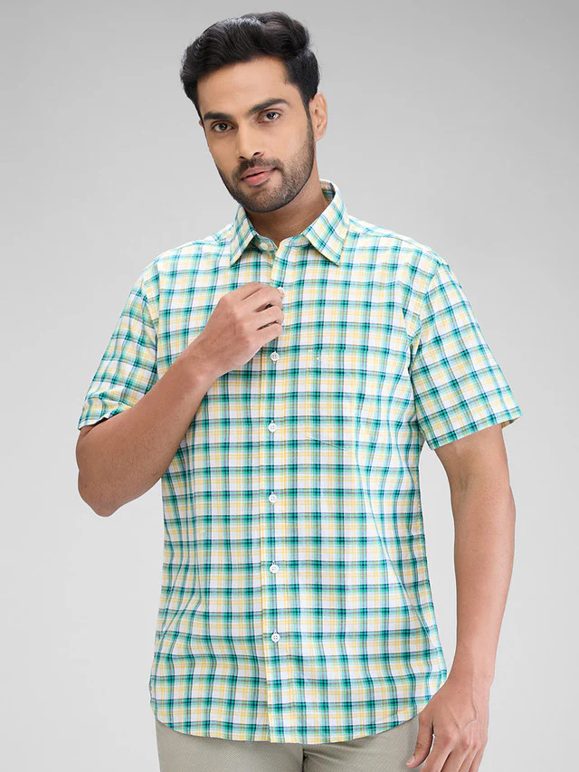 Colorplus Green Checks Tailored Fit Cotton Casual Shirt