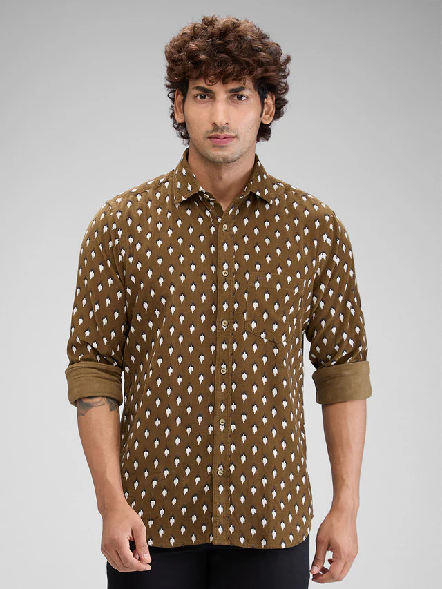 Colorplus Green Printed Regular Fit Cotton Casual Shirt