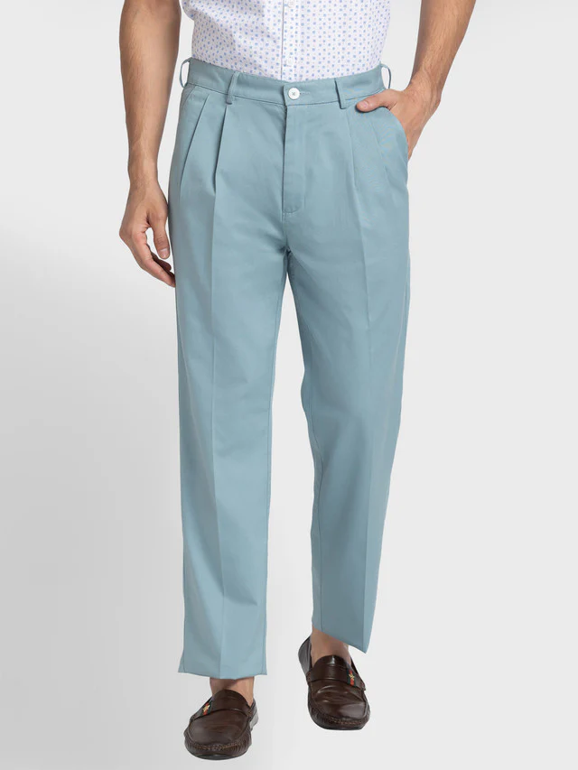 Colorplus Blue Solid Piece Dyed Custom Fit Cotton Trouser