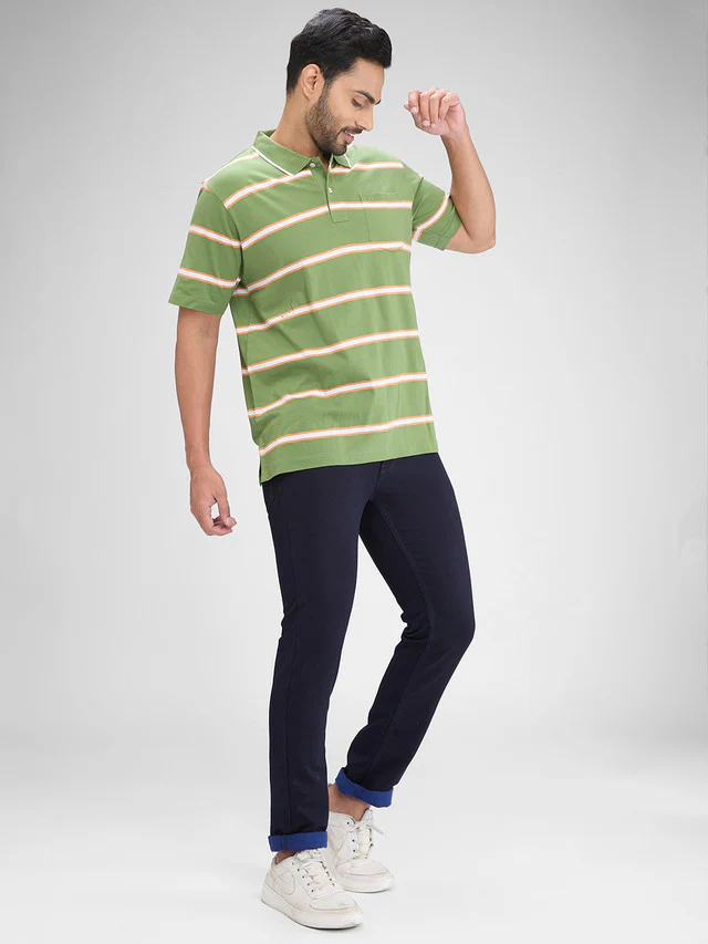 Colorplus Green Stripe Comfort Fit Half Sleeve Cotton T-Shirt - Image 4