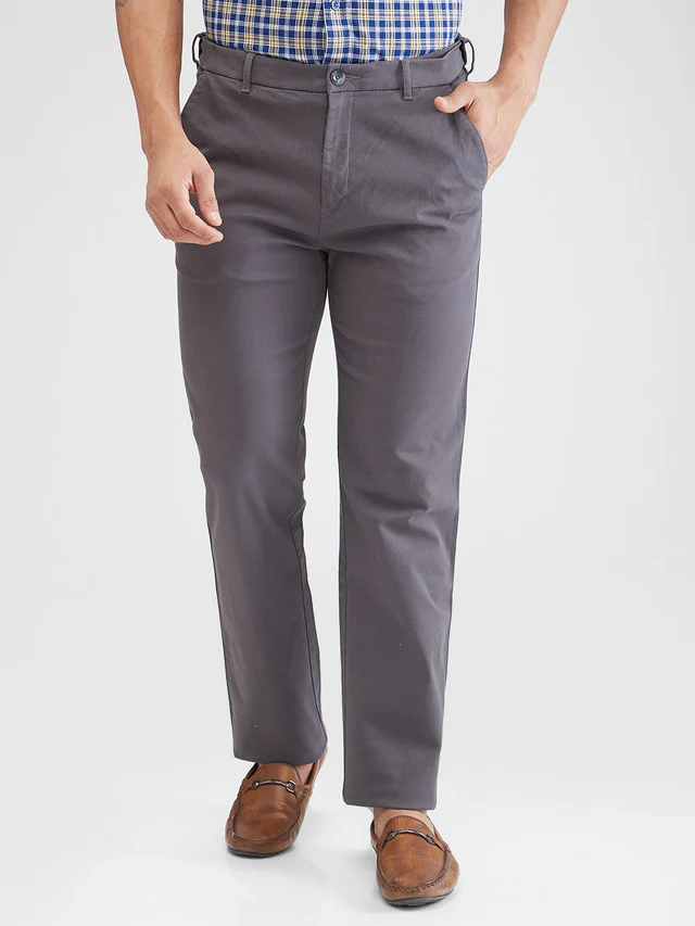 Colorplus Grey Solid Piece Dyed Regular Fit Cotton Blend Trouser