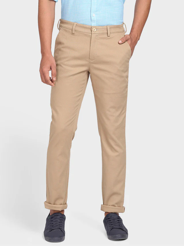 Colorplus Khaki Solid Piece Dyed Contemporary Fit Cotton Blend Trouser