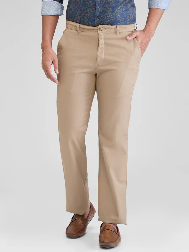 Colorplus Khaki Solid Piece Dyed Tailored Fit Cotton Blend Trouser