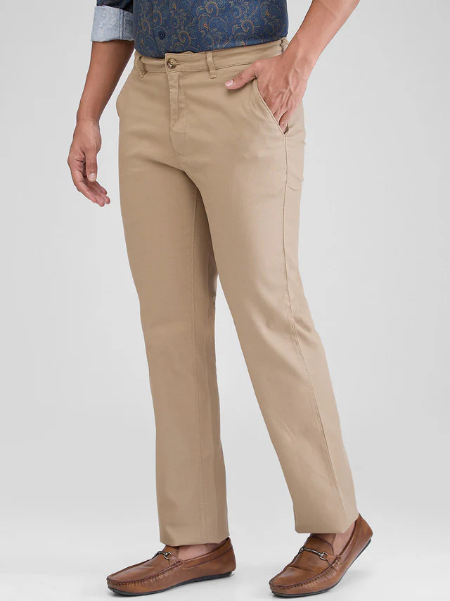 Colorplus Khaki Solid Piece Dyed Tailored Fit Cotton Blend Trouser - Image 3
