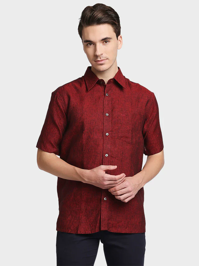 Colorplus Maroon Solid Classic Fit Linen Casual Shirt