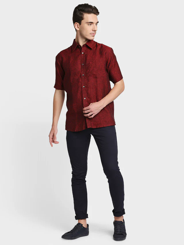 Colorplus Maroon Solid Classic Fit Linen Casual Shirt - Image 5