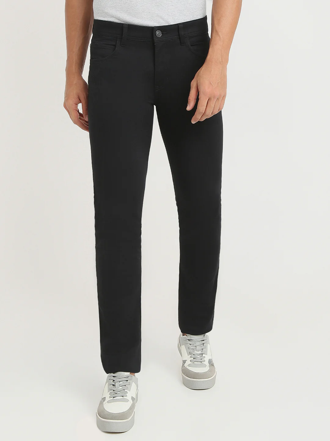 ColorPlus Men Black Dobby Mid Rise Slim Fit Cotton Blend Trouser