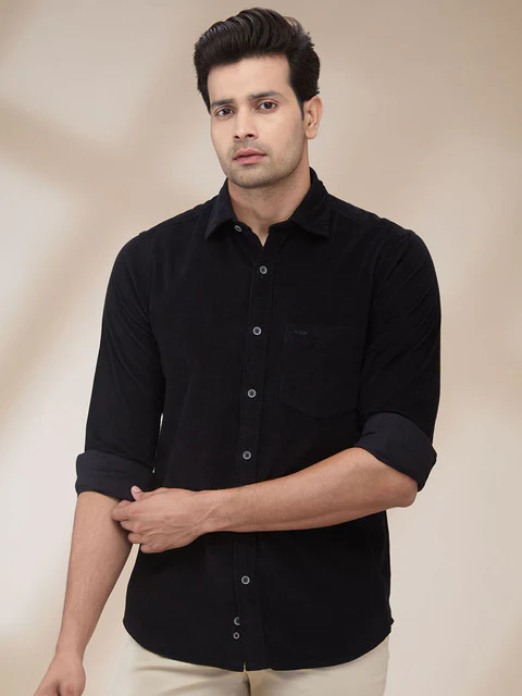 Colorplus Men Black Plain Regular Fit Cotton Corduroy Casual Shirt