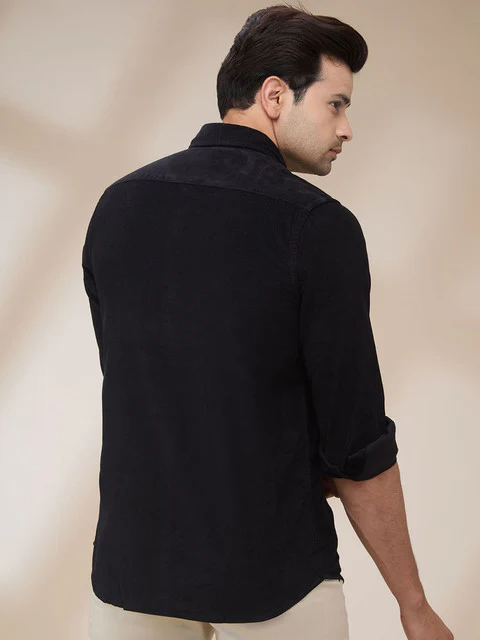 Colorplus Men Black Plain Regular Fit Cotton Corduroy Casual Shirt - Image 4