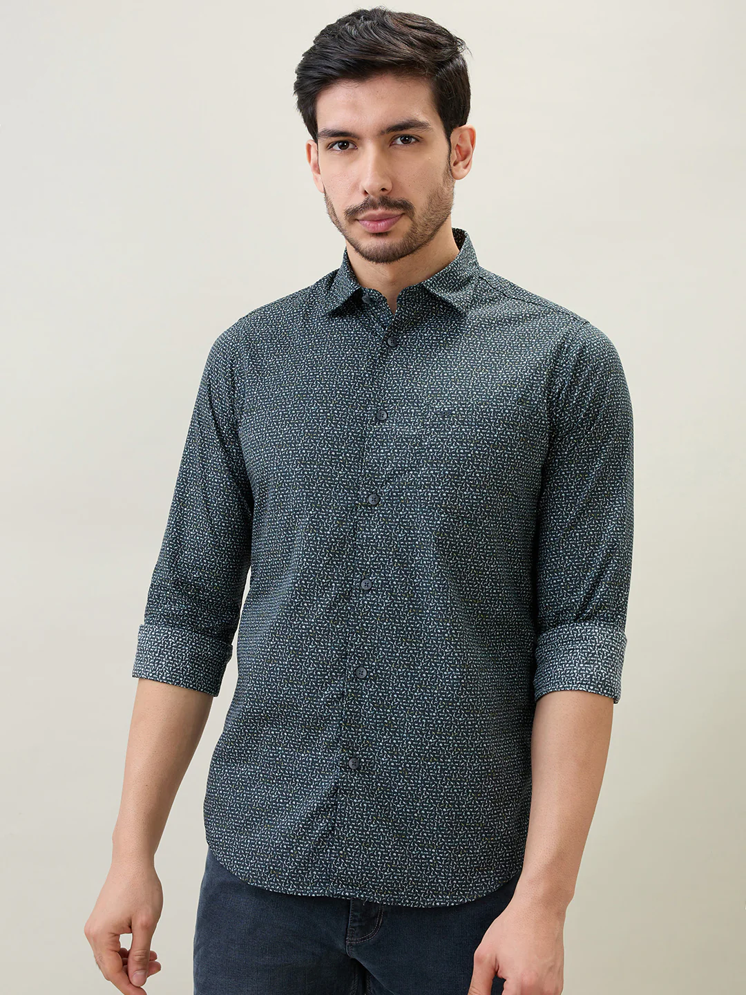 Colorplus Men Black Print Slim Fit Cotton Shirt