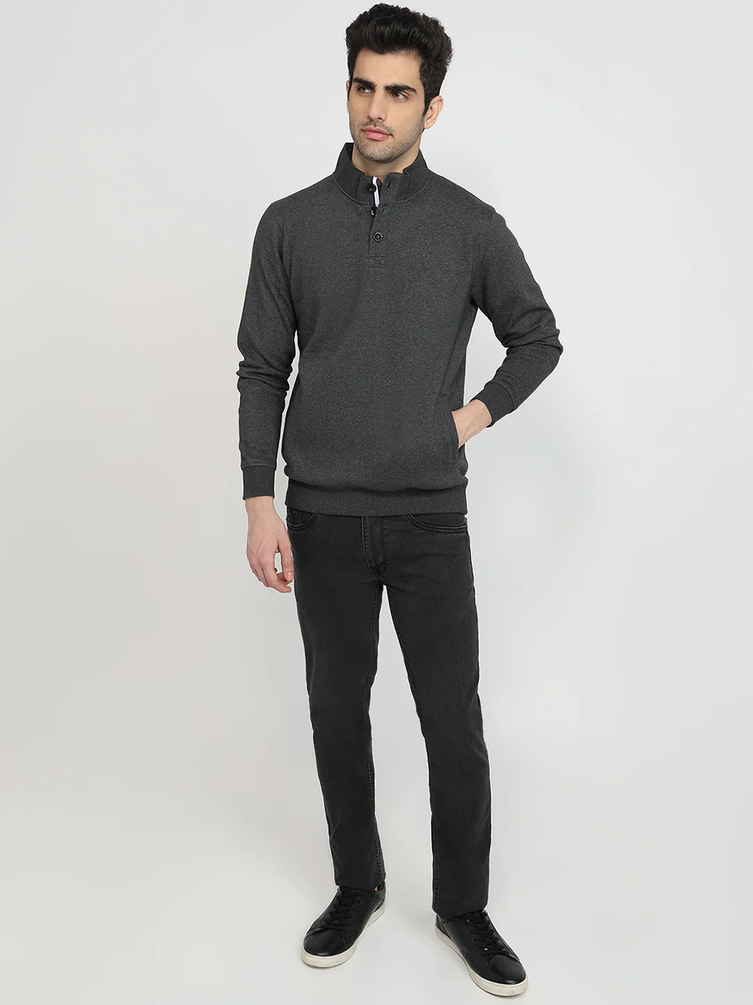 Colorplus Men Black Solid Regular Fit Cotton Blend Sweatshirt - Image 5