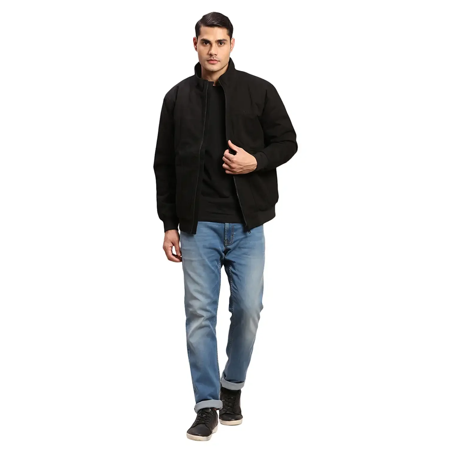 Colorplus Men Black Solid Regular Fit Cotton Bomber Jacket - Image 5