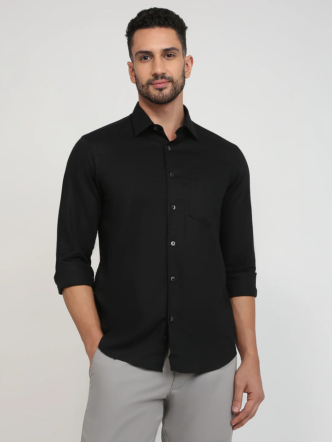 Colorplus Men Black Solid Regular Fit Linen Blend Shirt