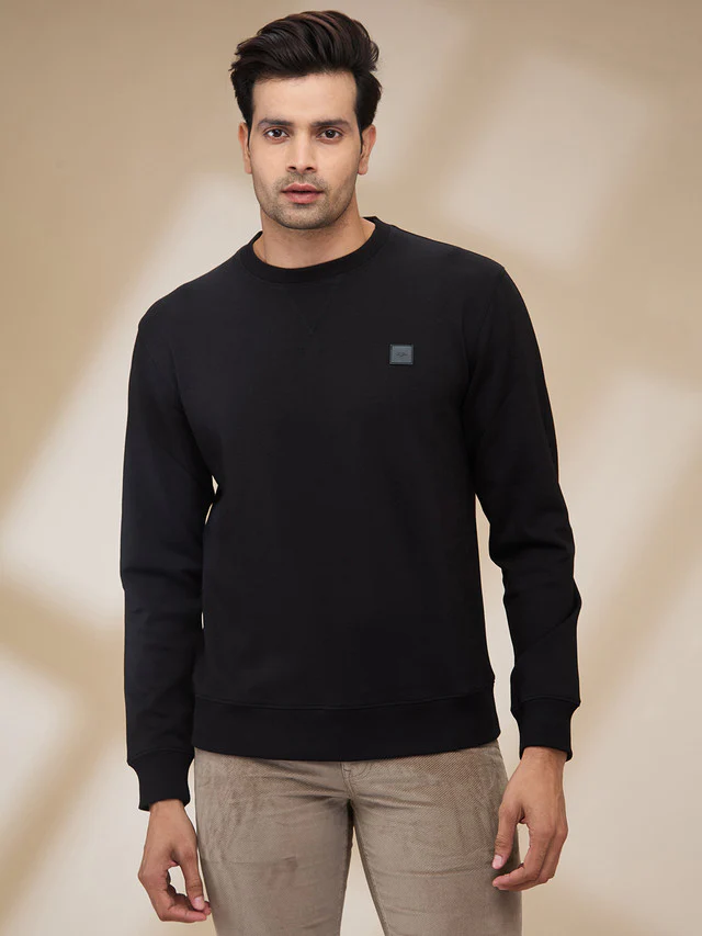 Colorplus Men Black Solid Regular Fit Polyester Blend Sweatshirt