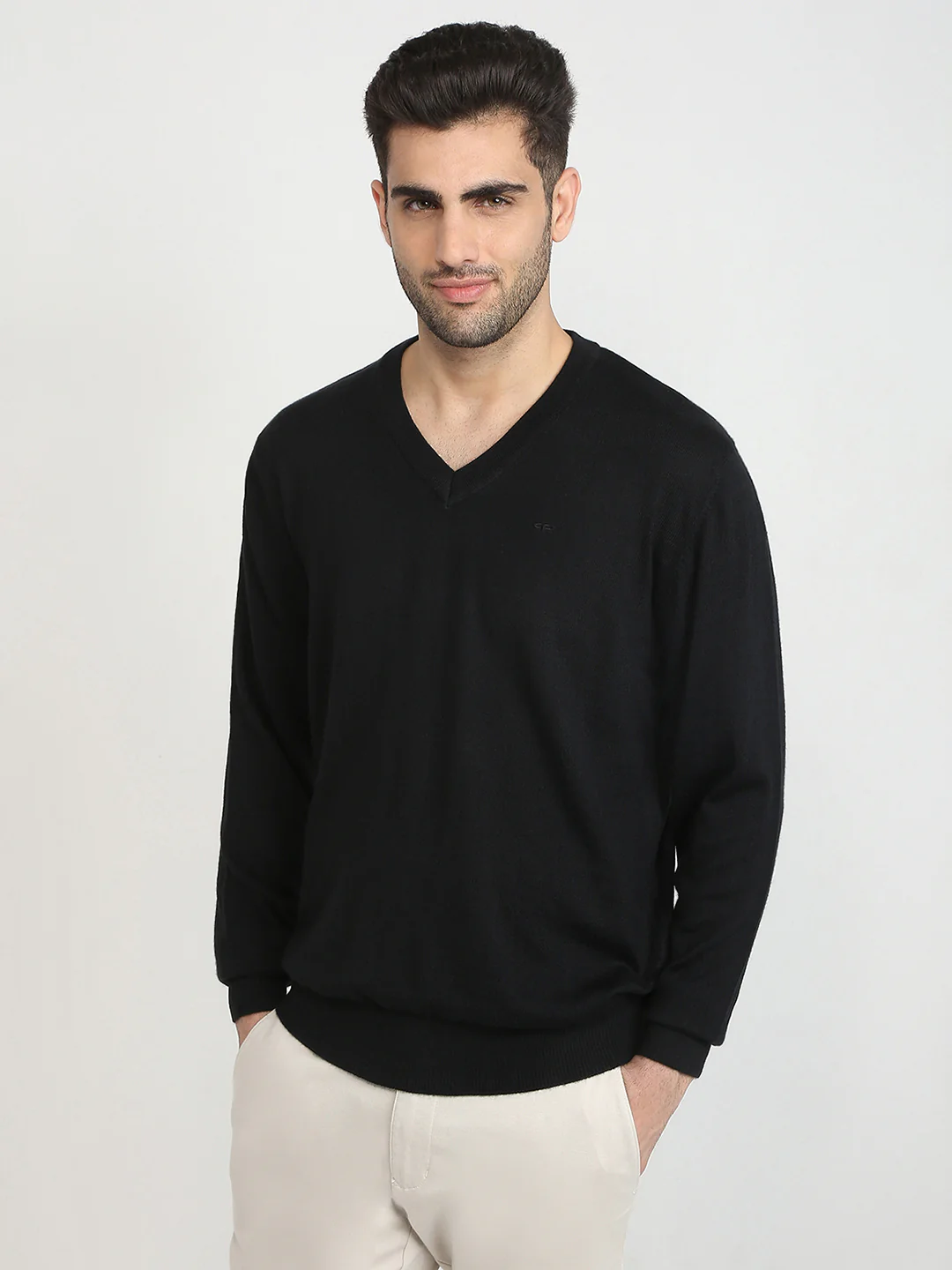Colorplus Men Black Solid Regular Fit Wool Blend Full Sleeve V Neck Collar Sweater