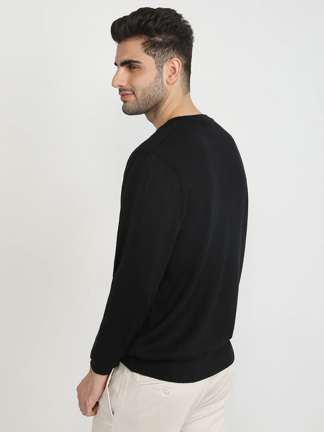 Colorplus Men Black Solid Regular Fit Wool Blend Full Sleeve V Neck Collar Sweater - Image 4