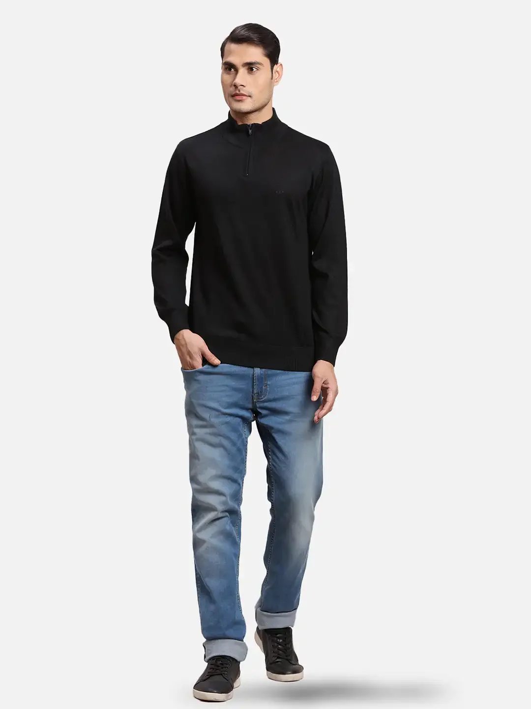 Colorplus Men Black Solid Regular Fit Wool Blend Full Sleeve V Neck Sweaters - Image 5