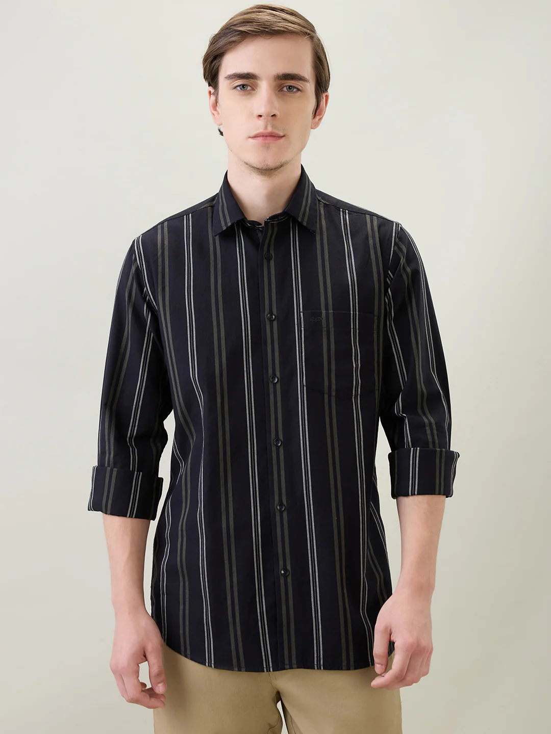 Colorplus Men Black Stripe Regular Fit Cotton Full Sleeve Casual Shirt