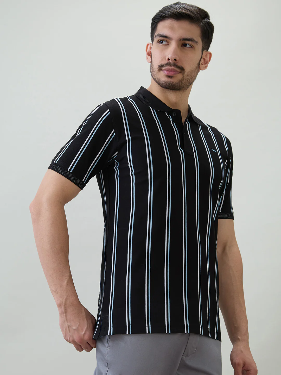 Colorplus Men Black Stripe Regular Fit Cotton T-shirt - Image 2