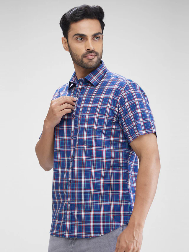 Colorplus Men Blue Checkered Regular Fit Half Sleeve Spread Collar Shirt - Image 3