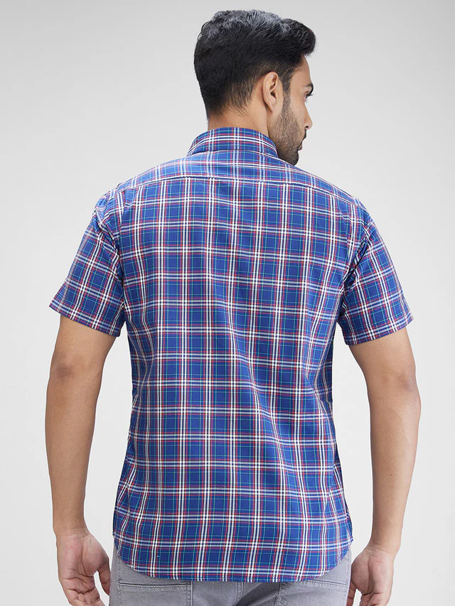 Colorplus Men Blue Checkered Regular Fit Half Sleeve Spread Collar Shirt - Image 4