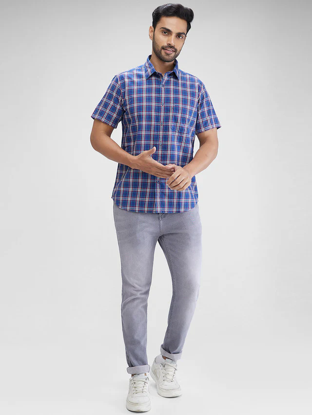 Colorplus Men Blue Checkered Regular Fit Half Sleeve Spread Collar Shirt - Image 5