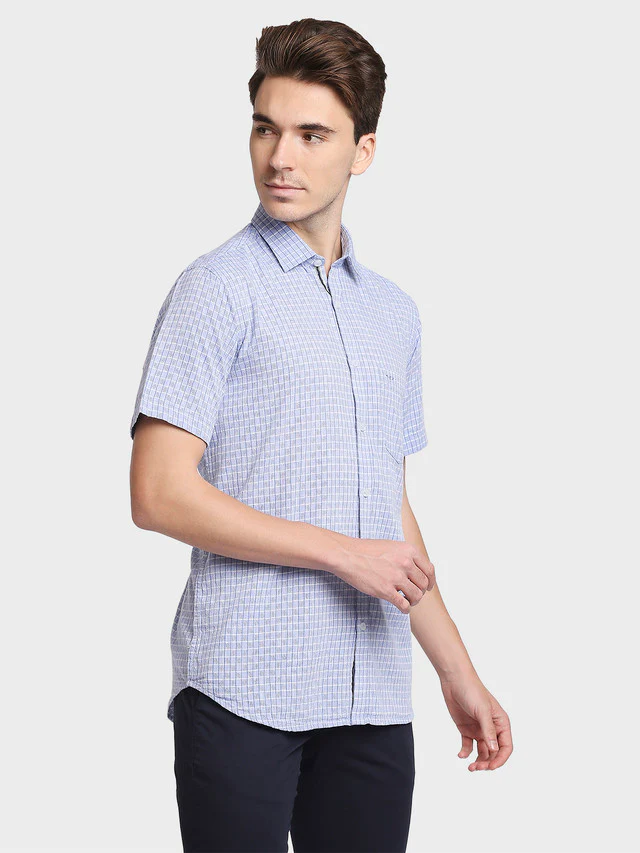 Colorplus Men Blue Checkered Tailored Fit Half Sleeve Spread Collar Shirt - Image 2