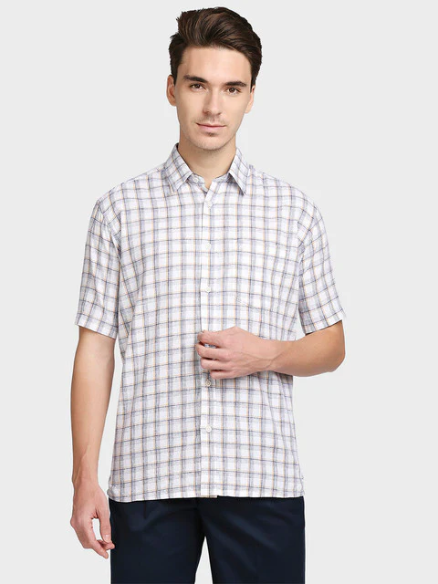 Colorplus Men Blue Checks Classic Fit Linen Blend Shirt