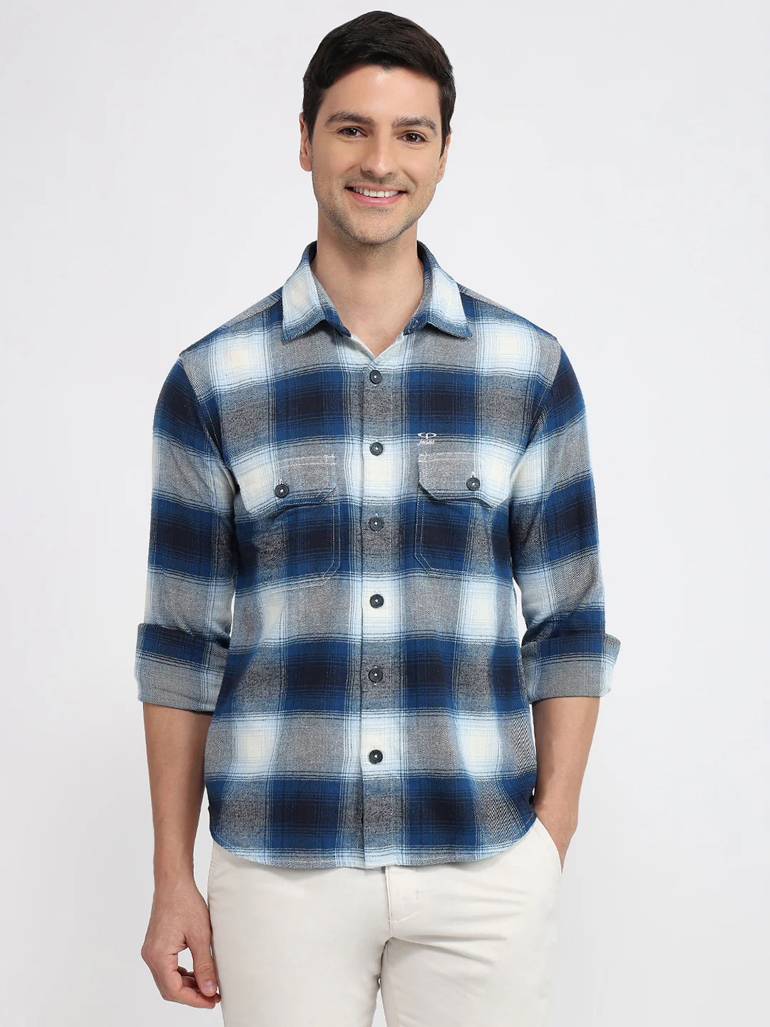 Colorplus Men Blue Checks Regular Fit Cotton Casual Shirt