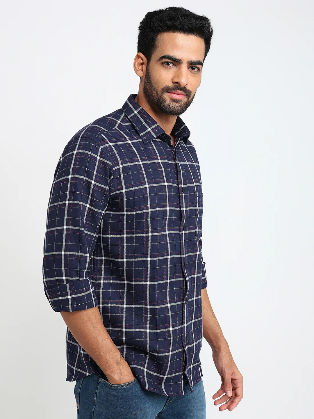 Colorplus Men Blue Checks Regular Fit Cotton Casual Shirt - Image 3