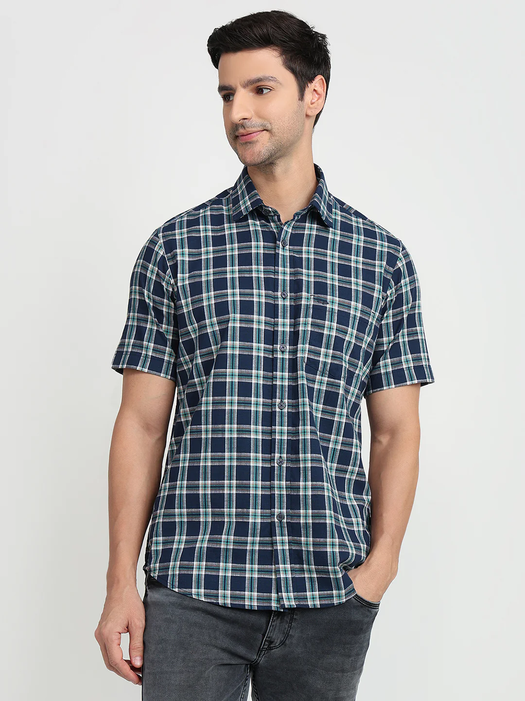 Colorplus Men Blue Checks Regular Fit Cotton Half Sleeve Casual Shirt
