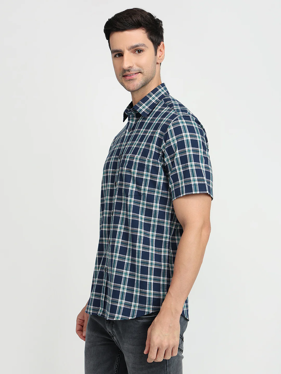 Colorplus Men Blue Checks Regular Fit Cotton Half Sleeve Casual Shirt - Image 2